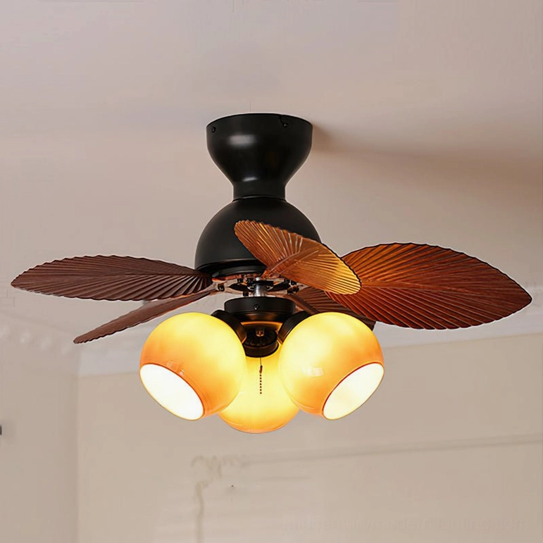 Belize tropical ceiling fan with walnut and caramel color finish in warm interior bedroom design