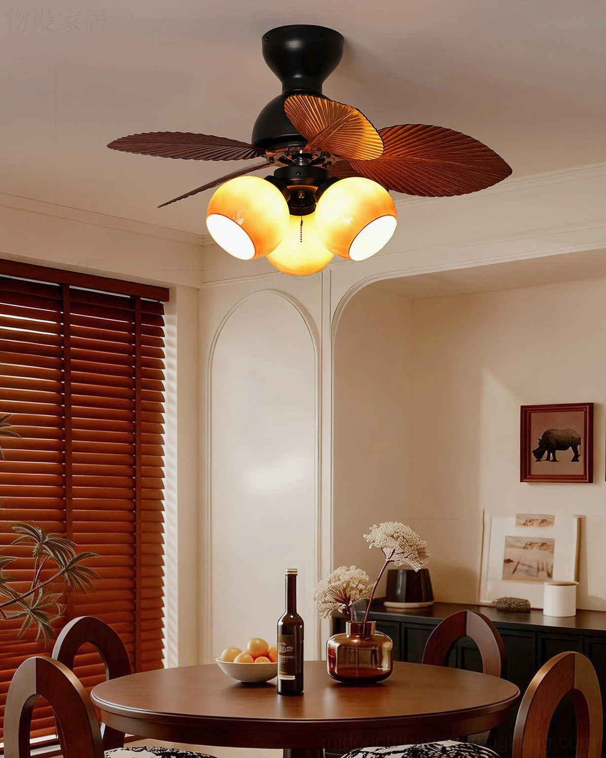 Belize tropical ceiling fan light showing walnut color finish option with palm-shaped blade design