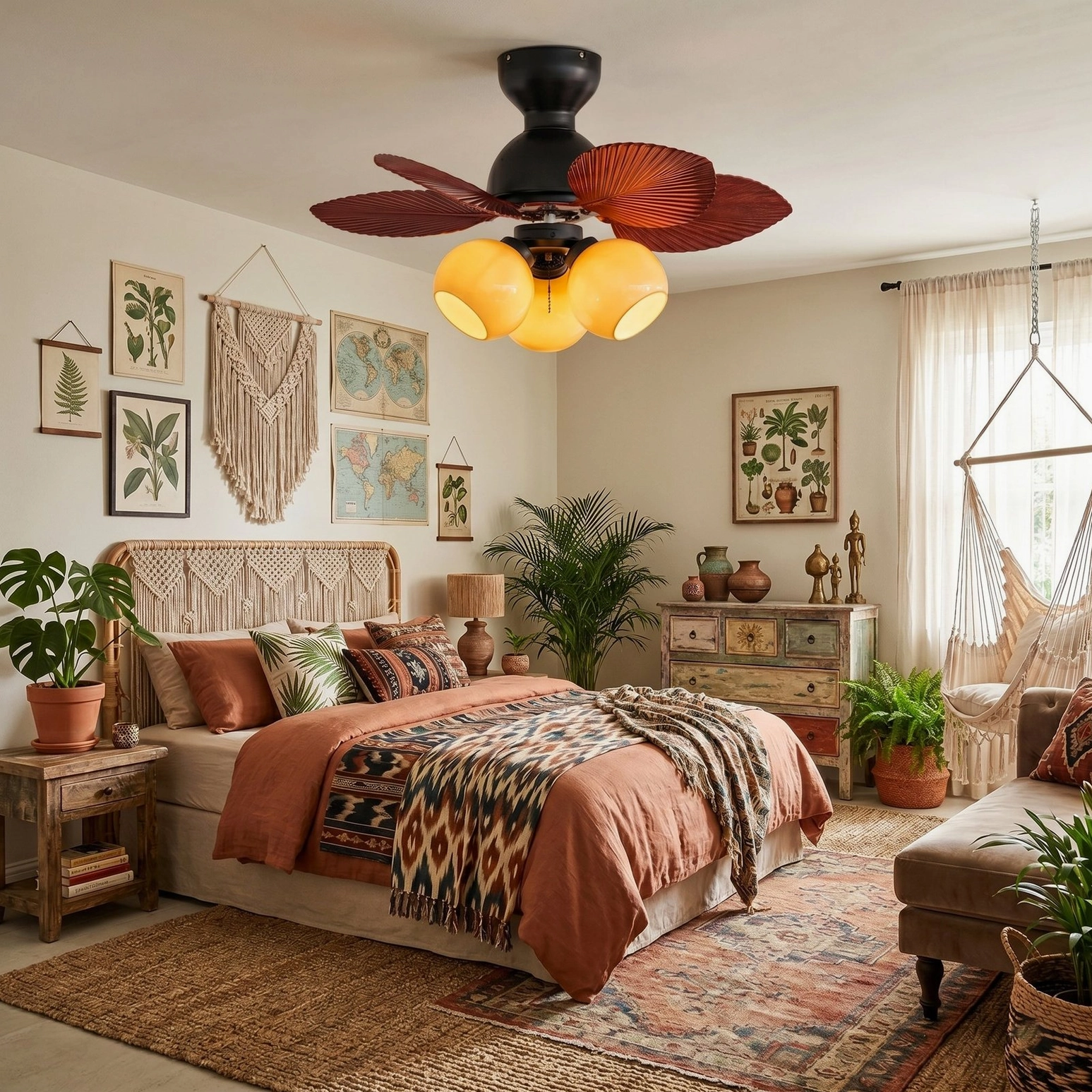 Belize ceiling fan light in bohemian bedroom with macrame wall hangings and tropical botanical style