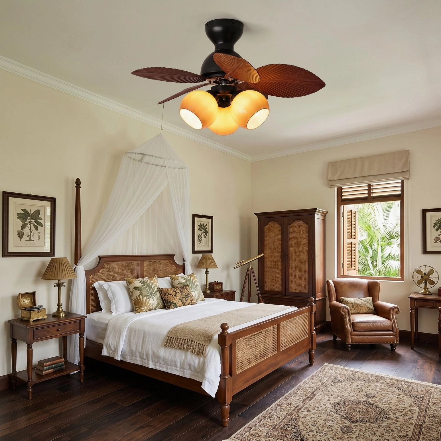 Belize ceiling fan light installed in classic colonial bedroom with warm brown wooden blades and integrated lighting fixture