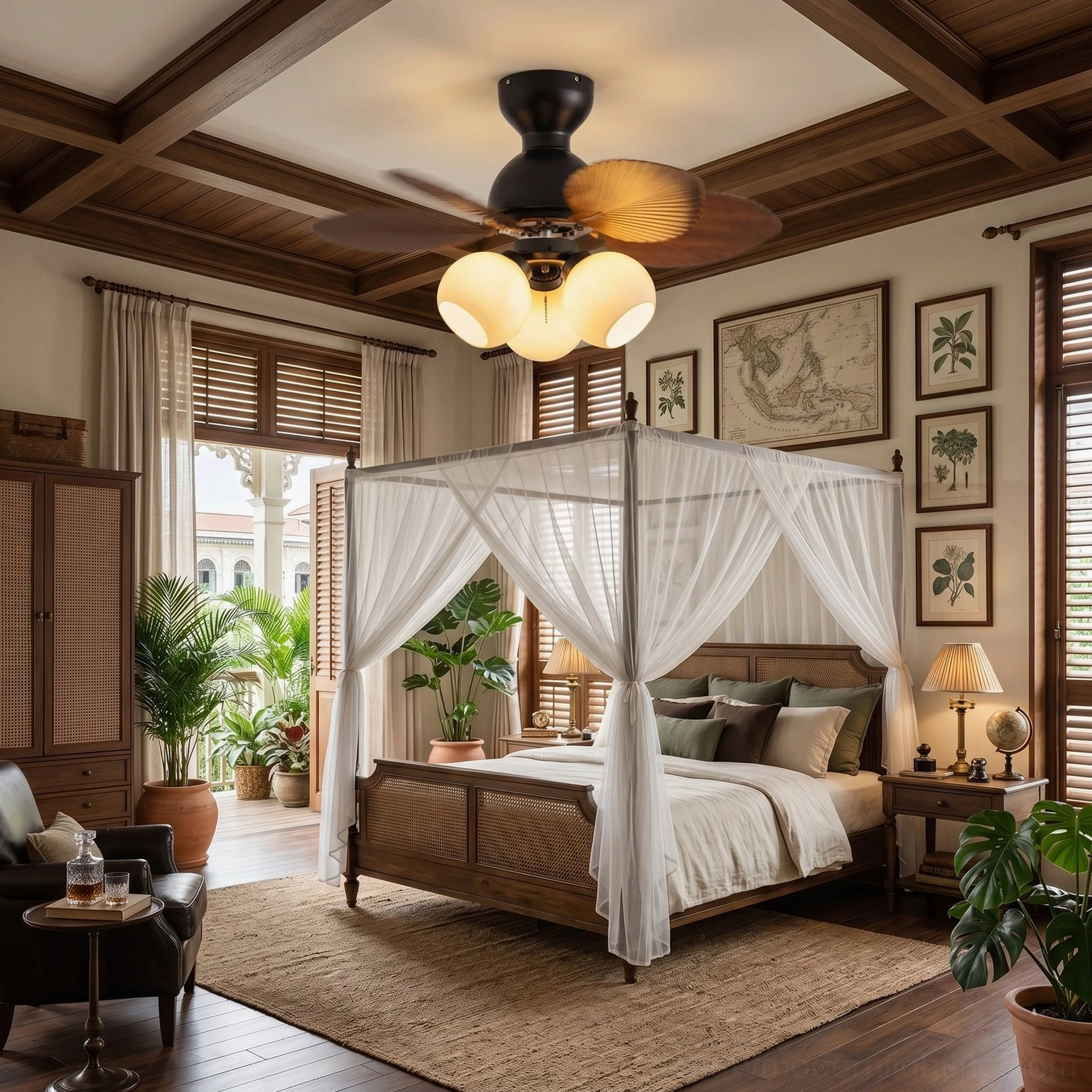 Belize tropical ceiling fan light in colonial four-poster bedroom with warm woody decor and gallery wall art