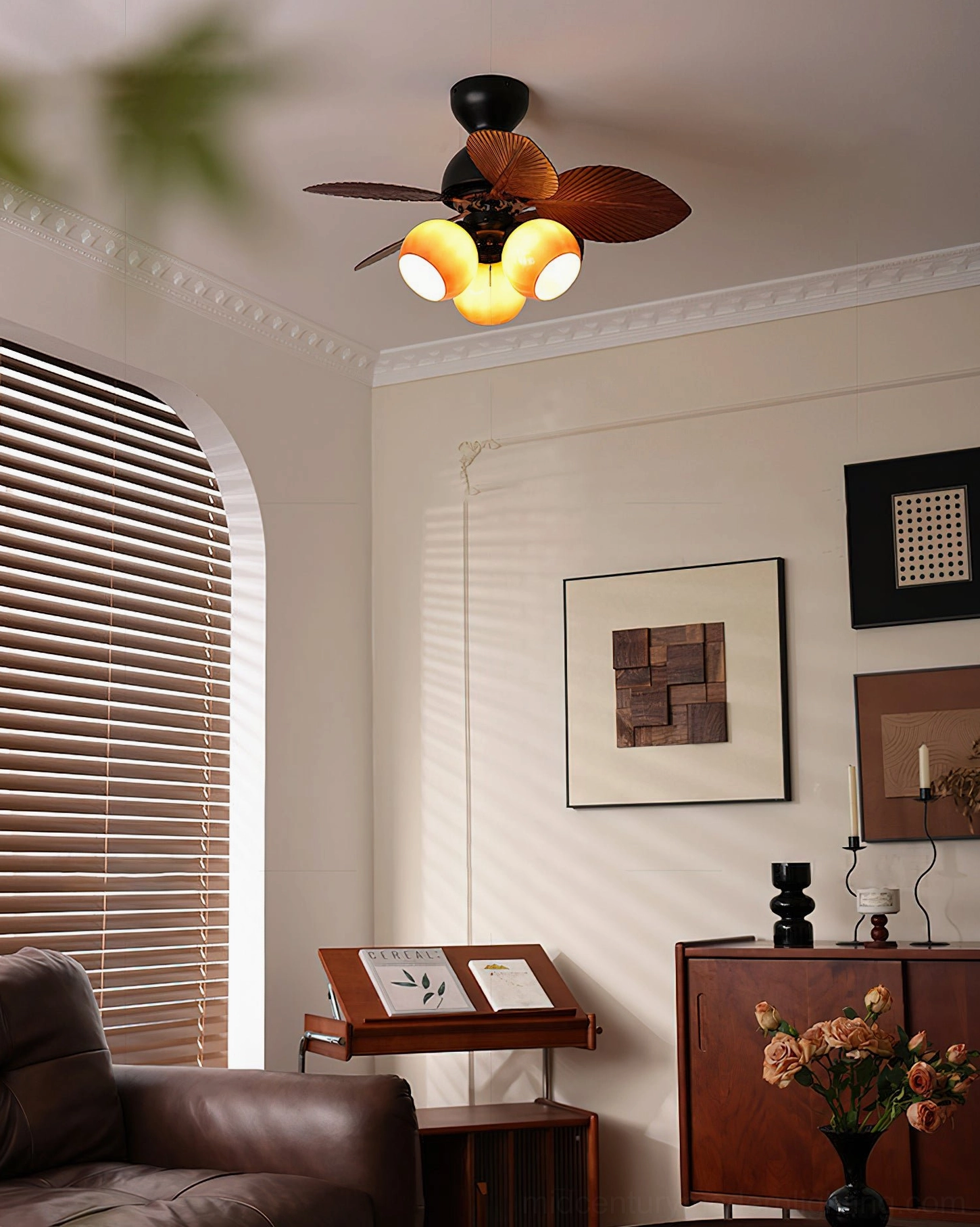 Belize tropical ceiling fan with integrated LED light fixture in modern low-ceiling installation
