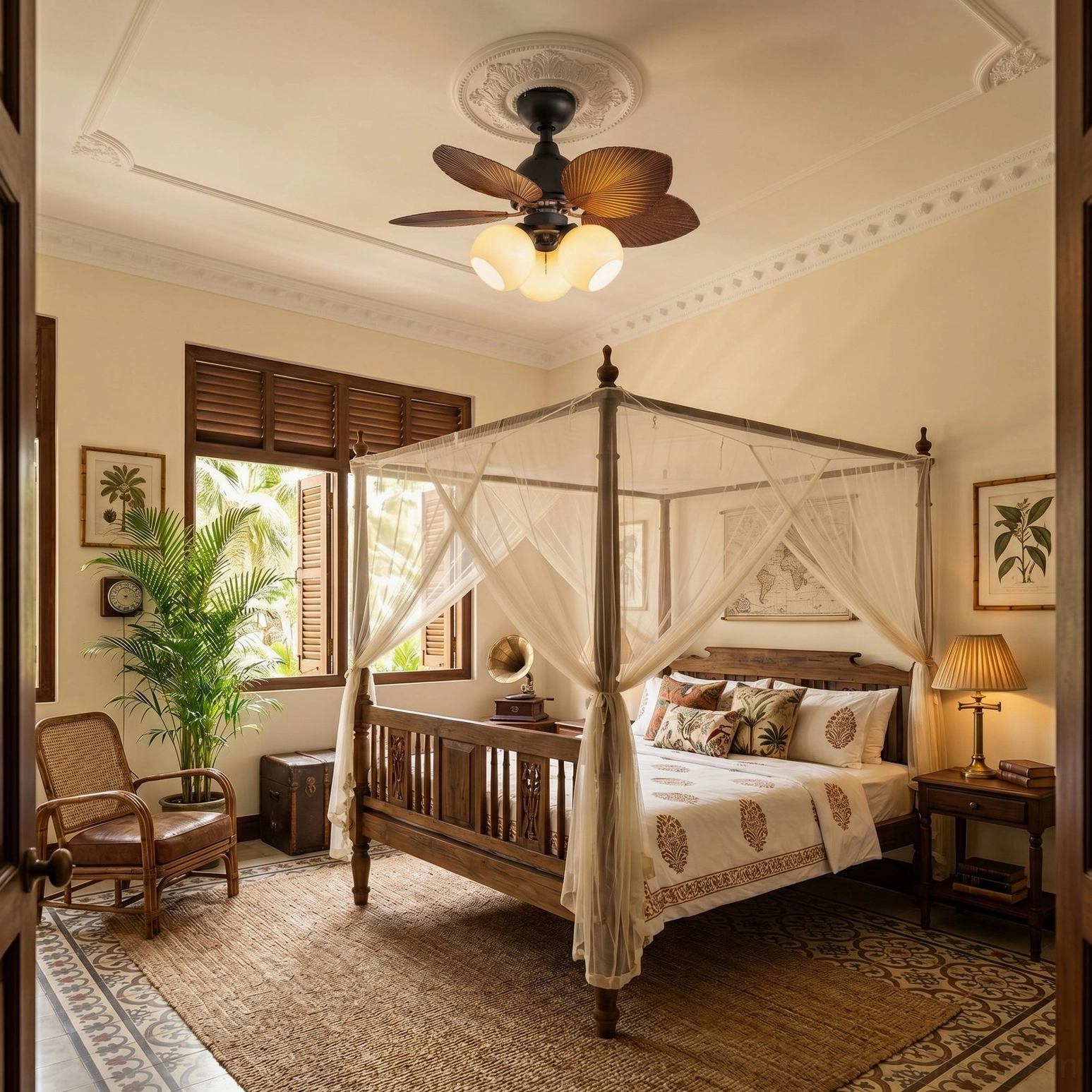 Belize tropical ceiling fan with palm-shaped blades in luxury bedroom with natural wood furniture and colonial decor
