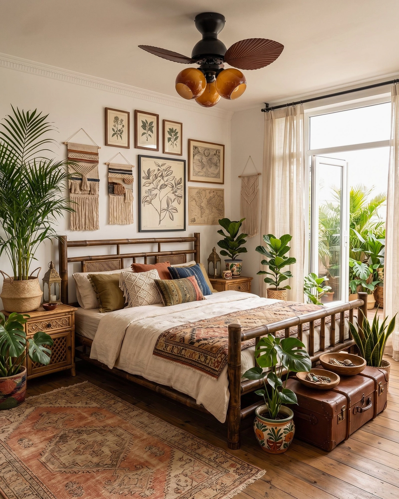 Belize ceiling fan light in rustic wooden bedroom with neutral tropical style and potted plants