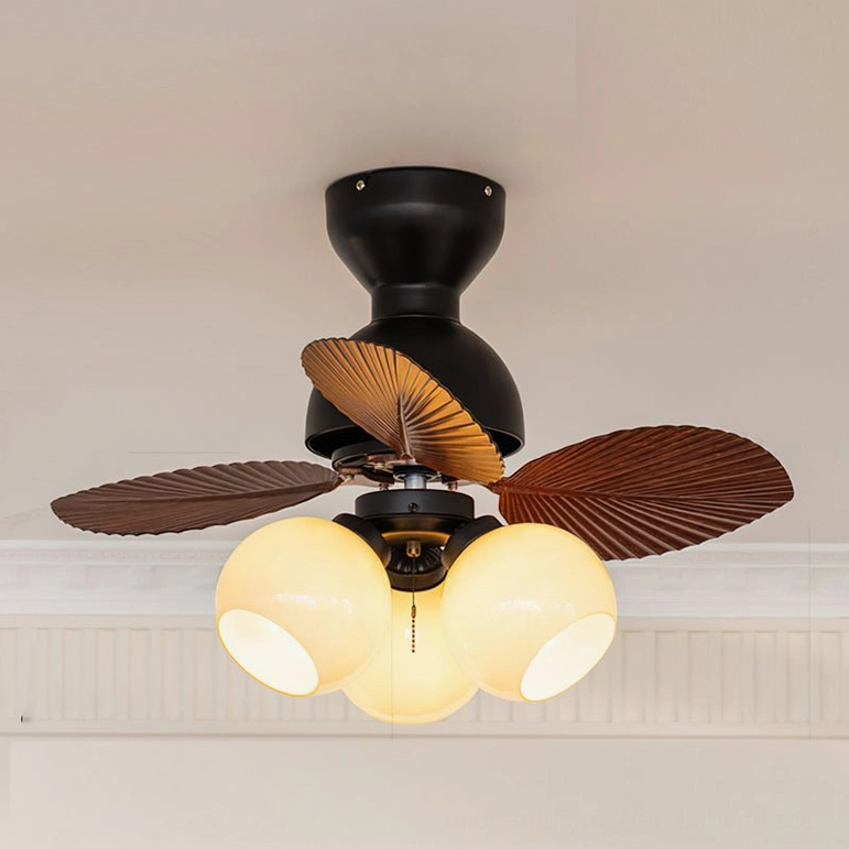 Belize palm-blade ceiling fan Model A in bedroom showing compact vertical profile for low ceilings