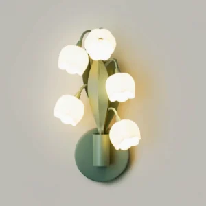 Bell Orchid lily of the valley wall lamp close-up showing six frosted glass bell flower buds with metal leaves detail