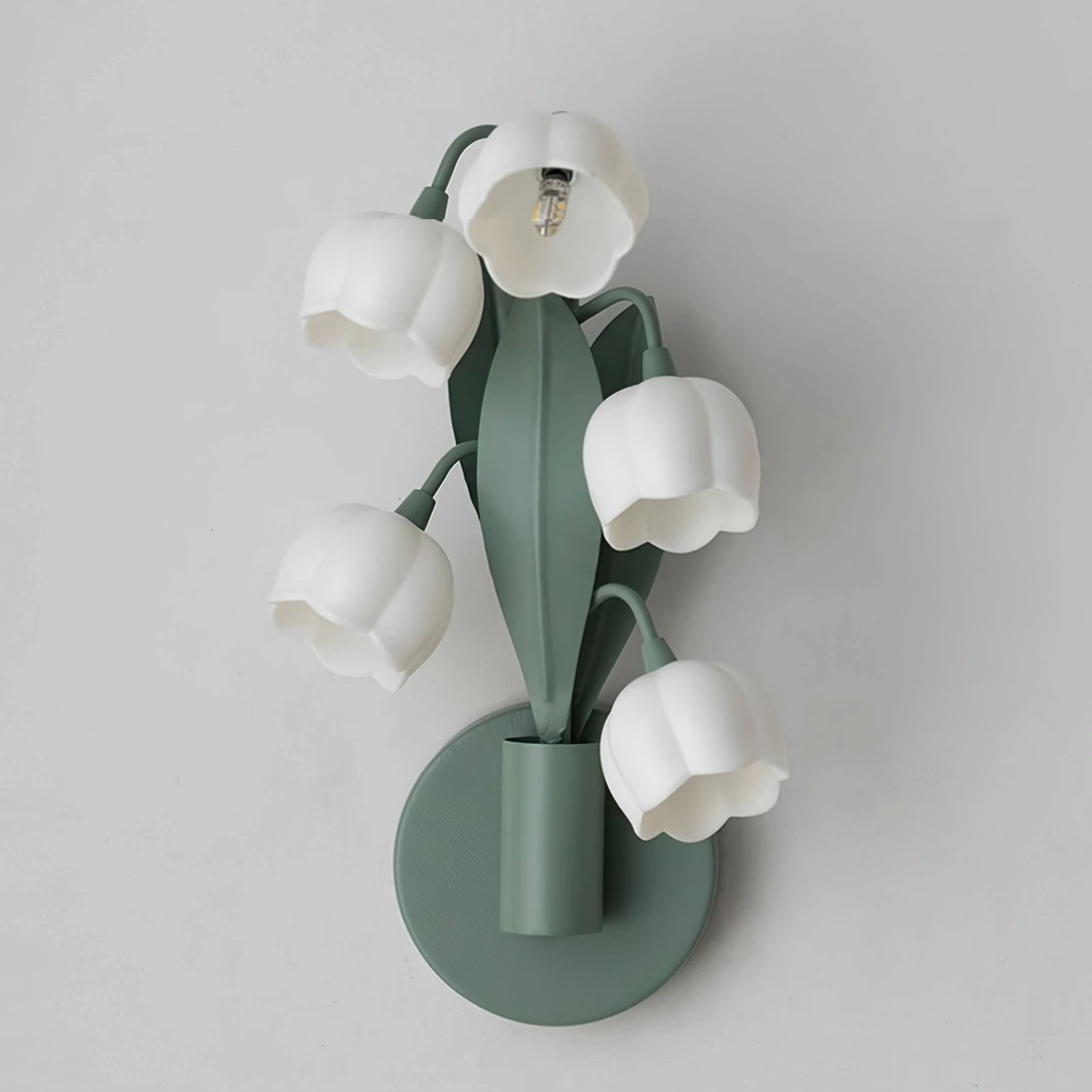 Bell Orchid lily of the valley lamp five frosted polycarbonate bell flower buds detail on white background