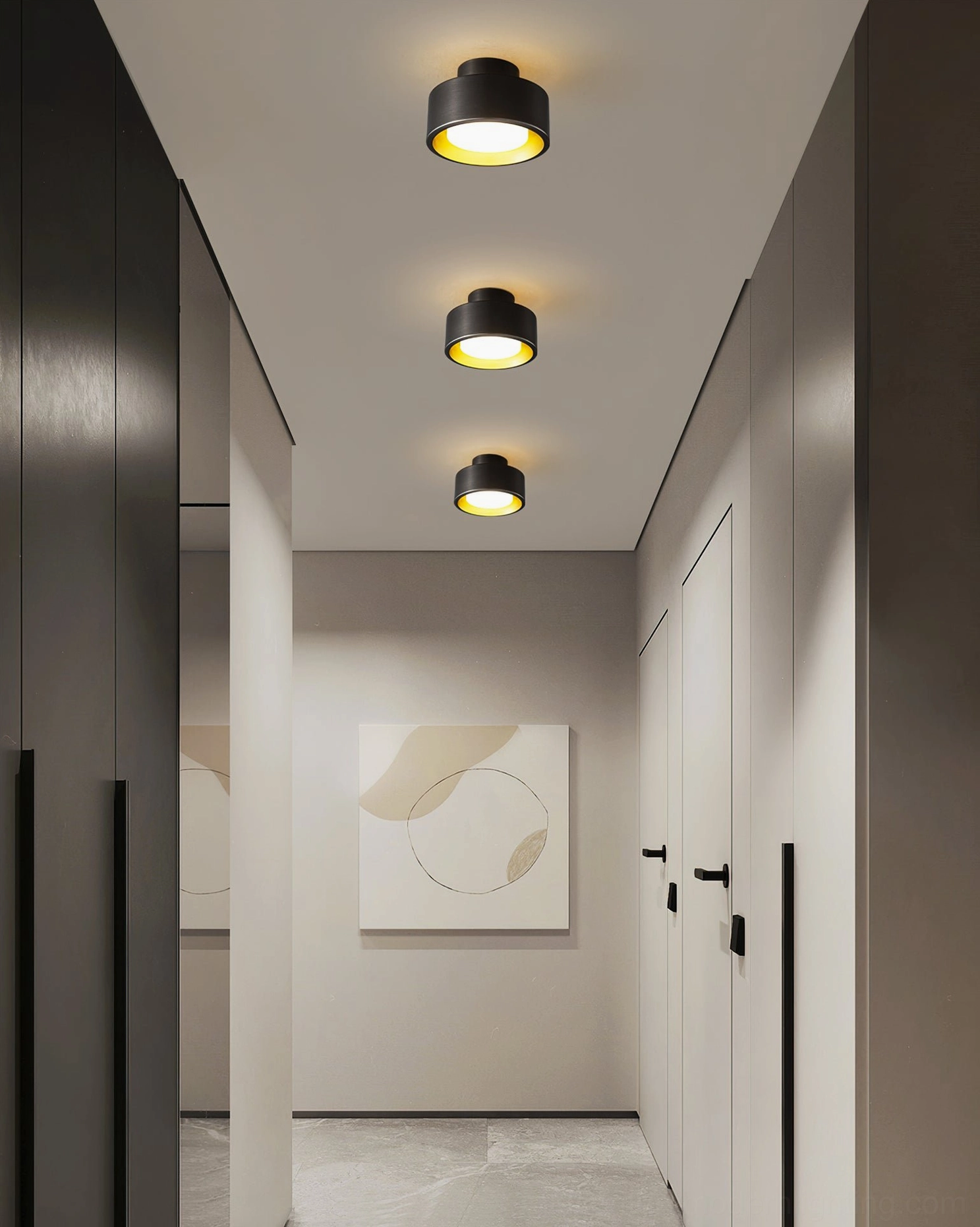 Three matte black Bella flush mount ceiling lamps in minimalist luxury dark corridor showing downward perspective