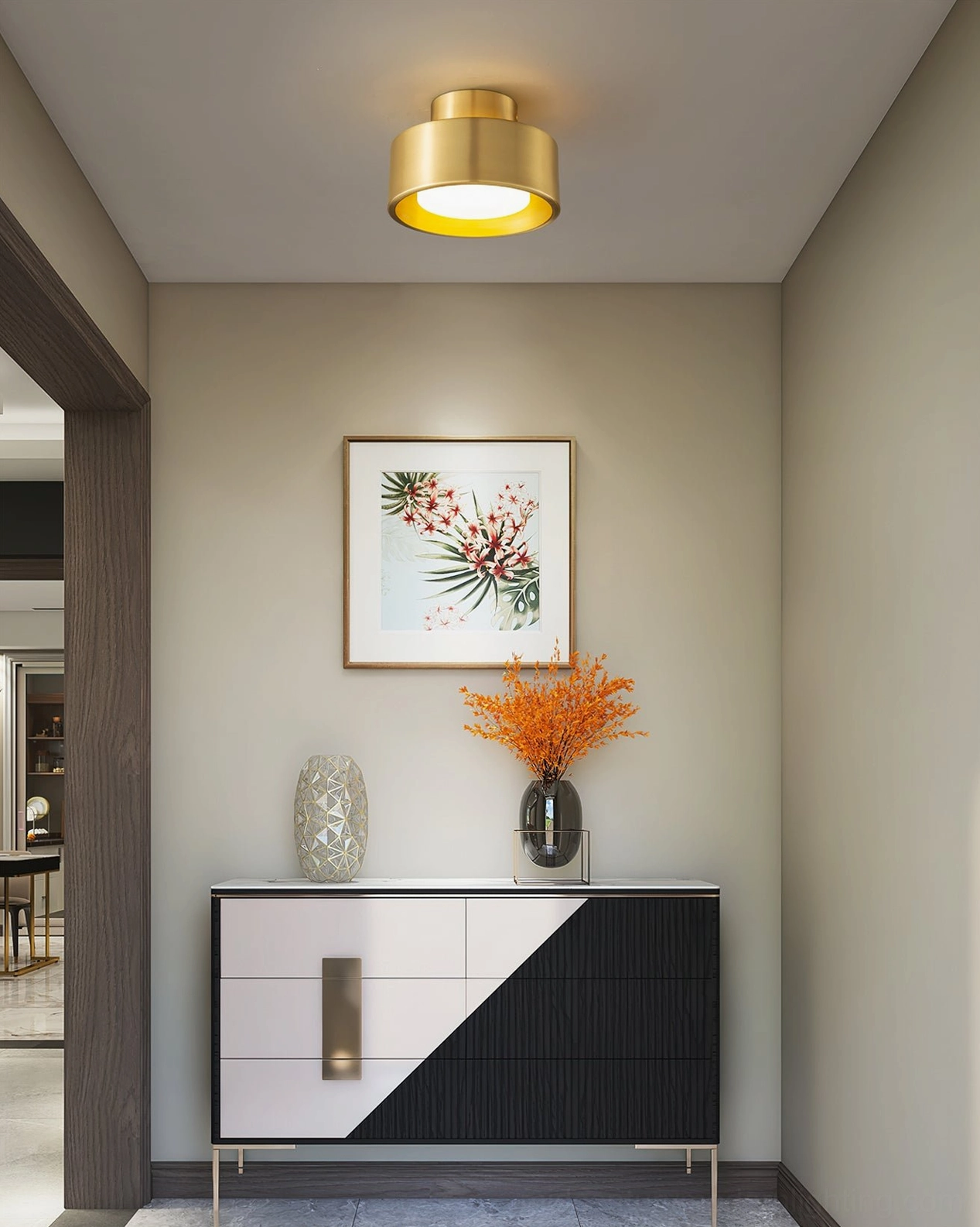 Single brass Bella ceiling light installed in modern entryway with console table and mid-century modern minimalist decor