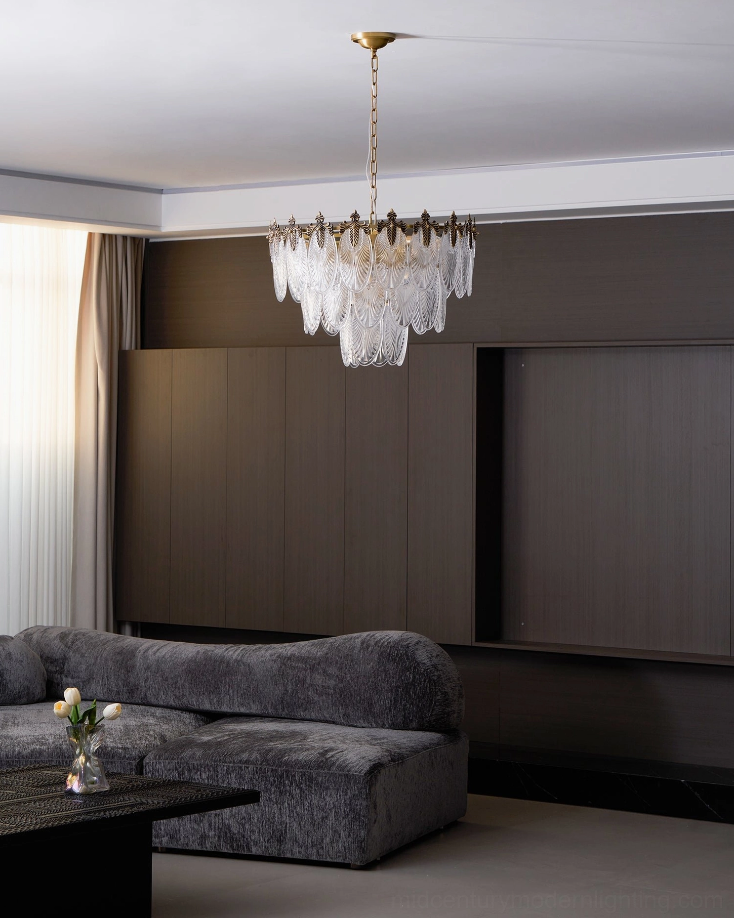 Belle Époque brass chandelier with fluted opaque glass and polished brass hardware, showcasing vintage European decorative tradition