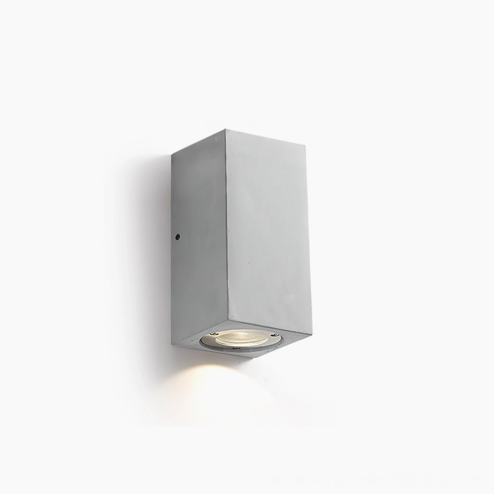 Bentu minimalist concrete wall sconce front view studio shot, grey finish, compact square design