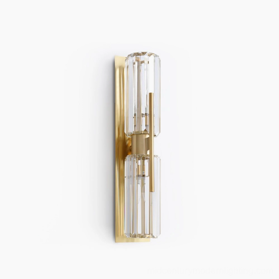 Bepuzz Crystal Wall Sconce – Art Deco inspired dual-cluster wall lamp with polished brass frame and clear crystal prisms