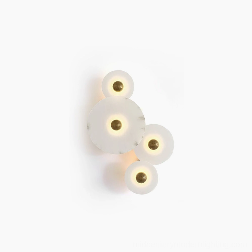 Beran alabaster wall lamp hero product shot, four-head sculptural modern sconce with natural alabaster stone, gold finish hardware, minimalist contemporary wall lighting design