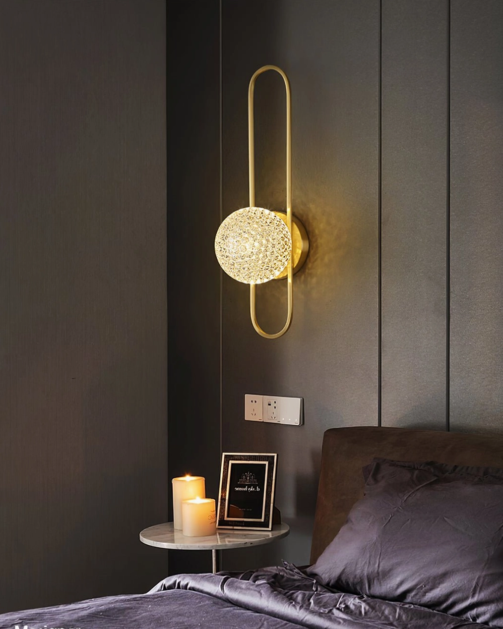 Bervalo bedside wall lamp in cozy modern bedroom with dark tones and decorative accessories