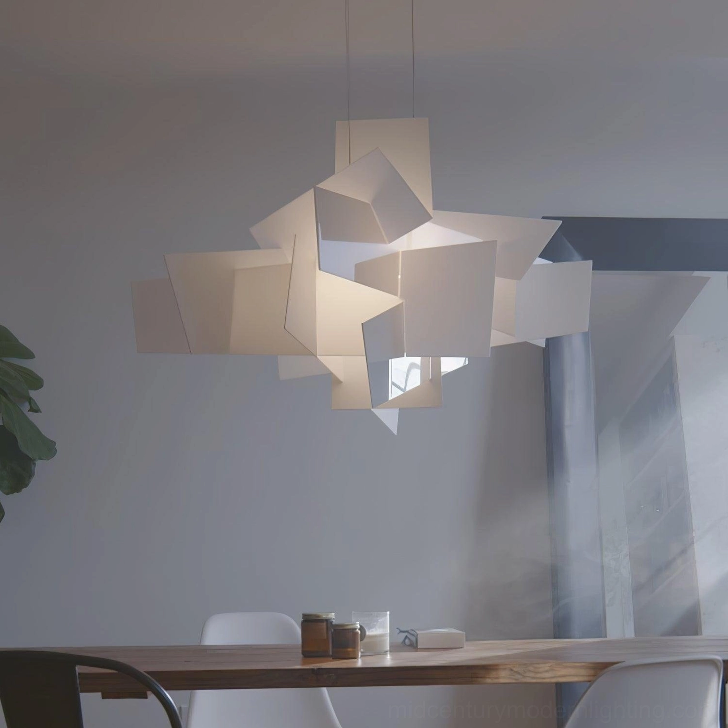 Big Bang modern pendant chandelier dining room interior warm lighting wooden table contemporary