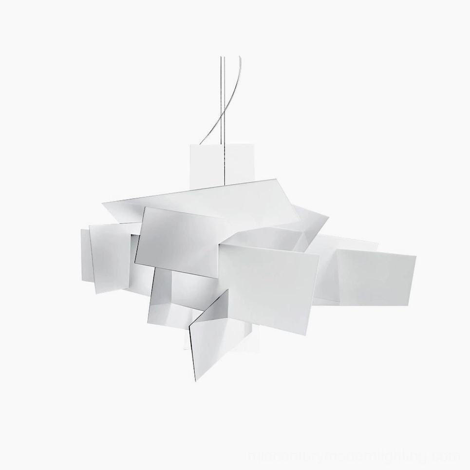 Big Bang geometric pendant chandelier overhead front view studio showcase minimal white acrylic panels