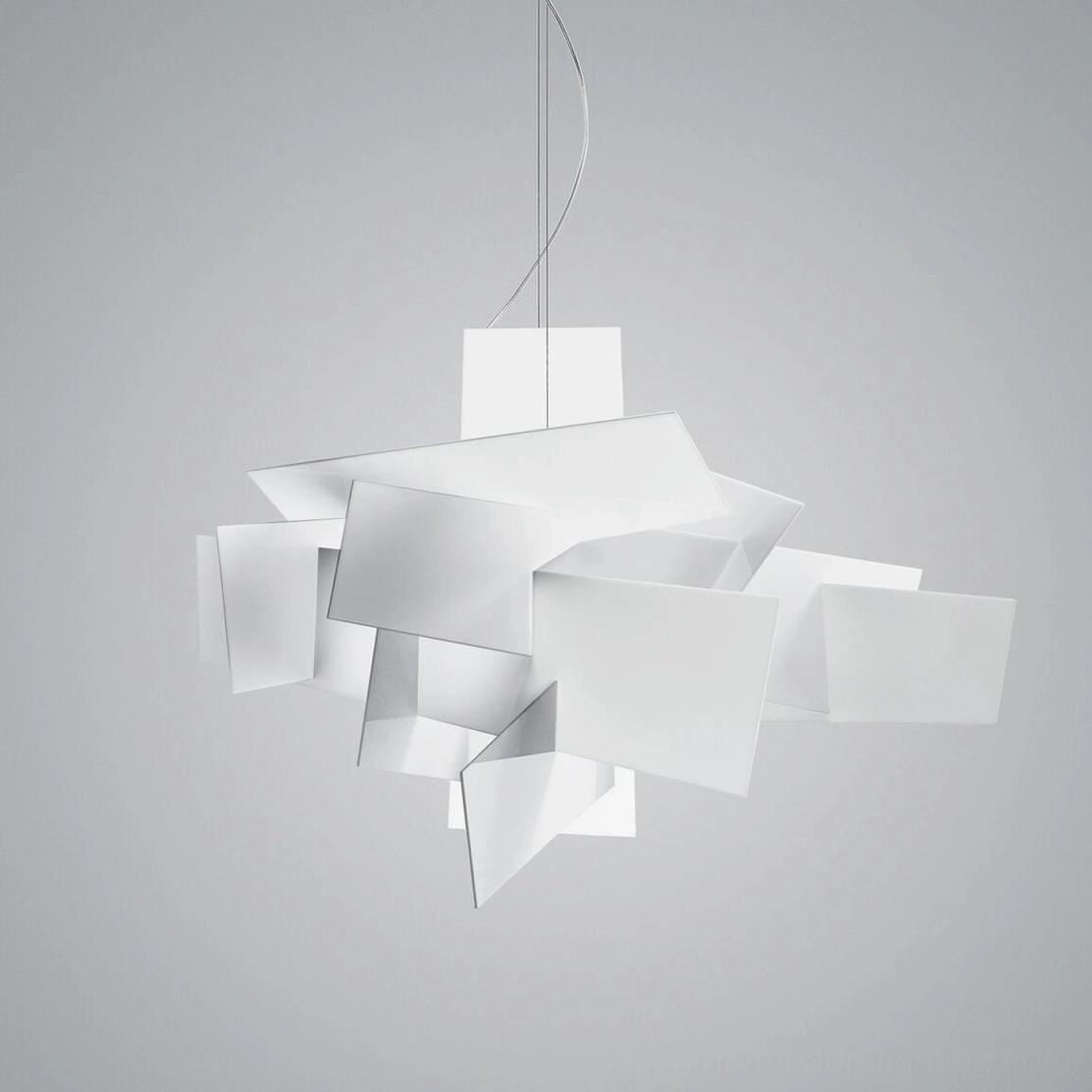 Big Bang sculptural pendant light side view suspended minimal gray backdrop angular stacked form