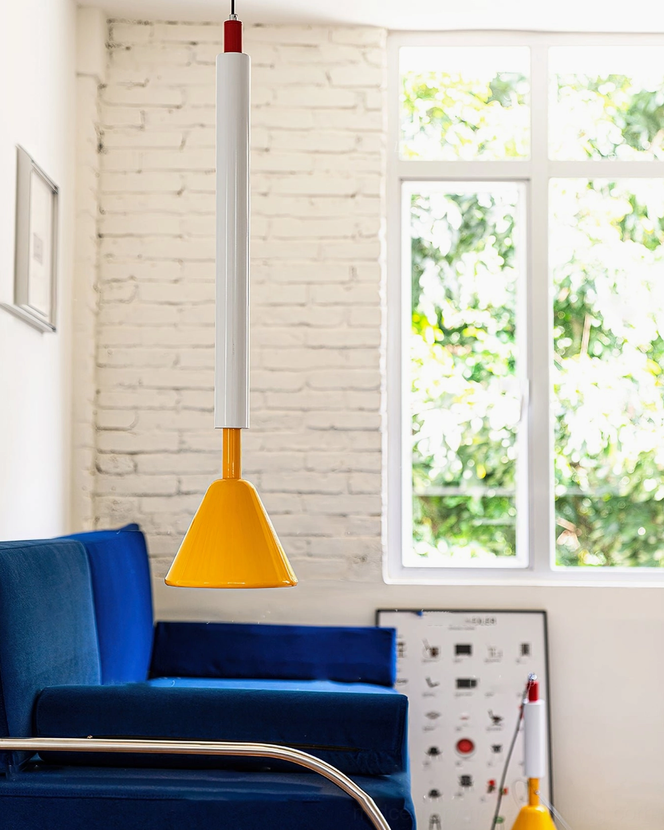 Billy cone pendant light in sunlit living room with large window - warm ambient lighting