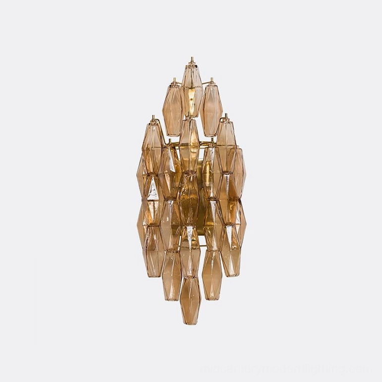 Amber and gold polyhedral glass wall sconce compact model with three-bulb configuration