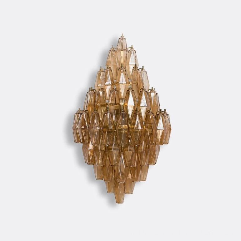 Amber and gold polyhedral glass sconce statement size with multi-tiered geometric glass configuration