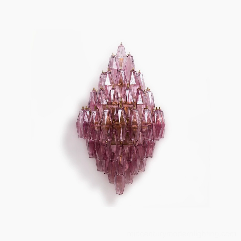 Biscayne polyhedral glass wall sconce with pink and gold finish, front view showcasing geometric faceted glass design