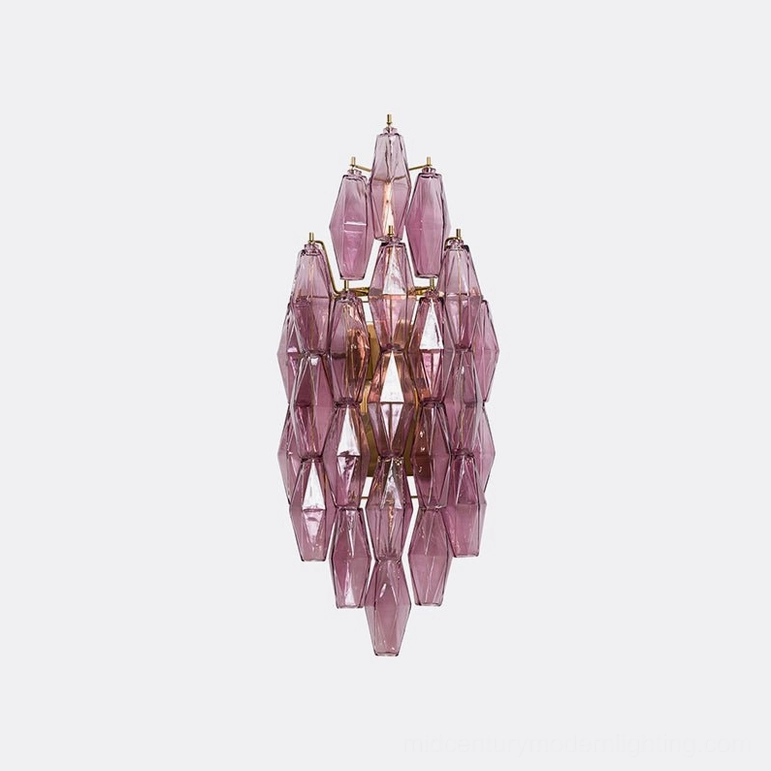Purple and gold polyhedral glass sconce showing multi-tiered diamond matrix structure
