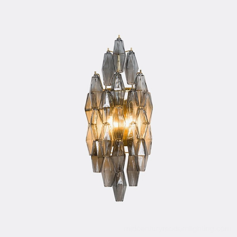 Smoke grey and gold polyhedral glass sconce compact size showcasing geometric crystalline design