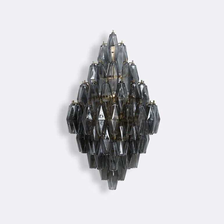 Smoke grey and gold polyhedral glass wall sconce large statement model with diamond matrix structure