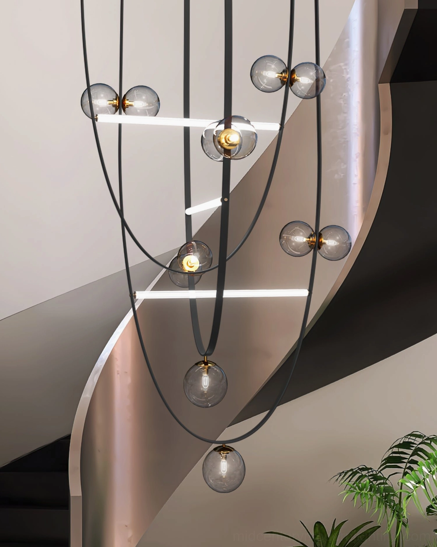 Black leather strap pendant chandelier installed on modern spiral staircase with glass ball spheres and linear LED strips