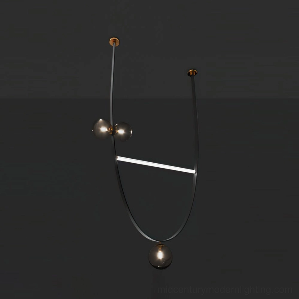 Minimalist black leather ball pendant chandelier with smoked glass sphere and single linear LED light on dark background