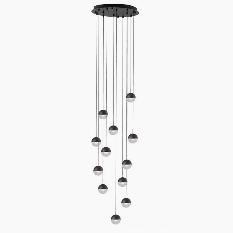 Black spherical glass pendant chandelier 12-head modern interior dramatic lighting design