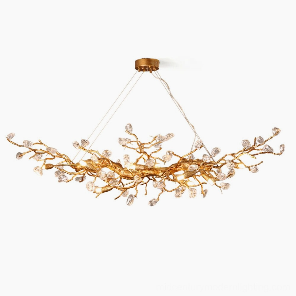Bloom Branch Chandelier overhead view showing brass framework with crystal glass accents in antique bronze finish