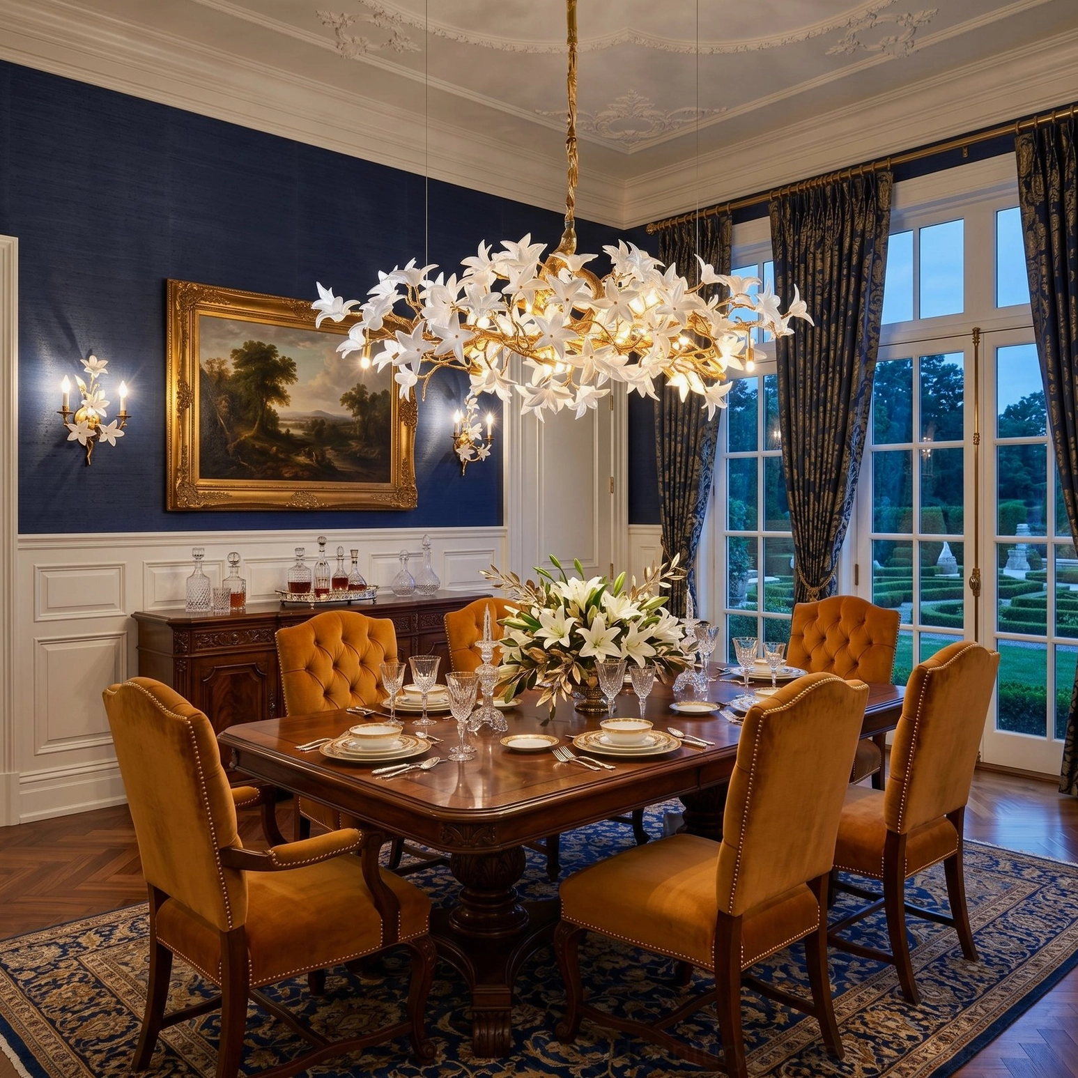 Hand-forged brass blossom branch chandelier with mustard yellow velvet dining chairs and dark accent wall