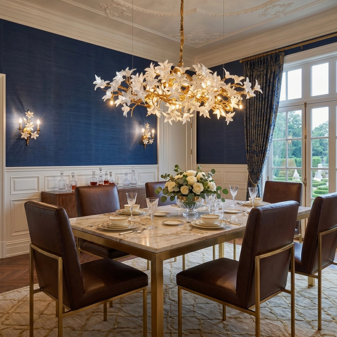 Hand-forged brass blossom branch chandelier above luxury dining table with dark blue accent wall
