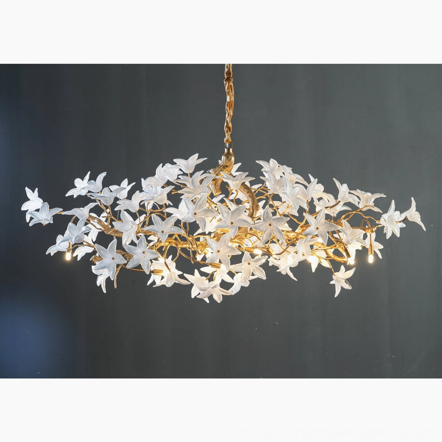Hand-forged brass blossom branch chandelier full composition with all floral ornament placement