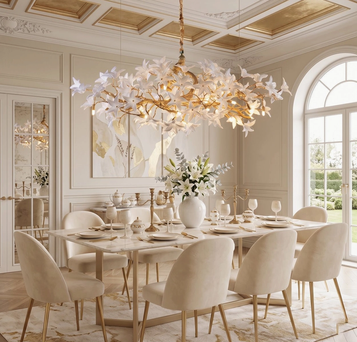 Sculptural brass blossom branch chandelier in neoclassical dining room with arched windows and white chairs