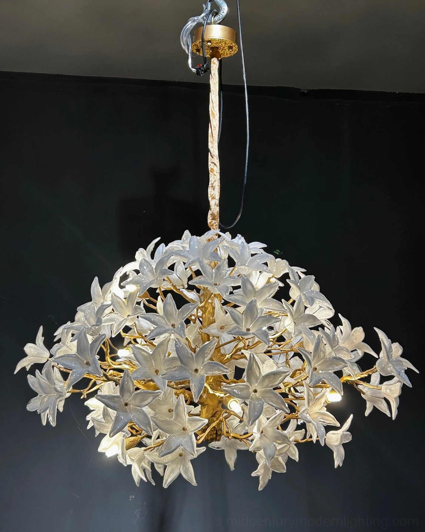 Blossom branch hand-forged brass chandelier spherical form with romantic luxury floral ornaments