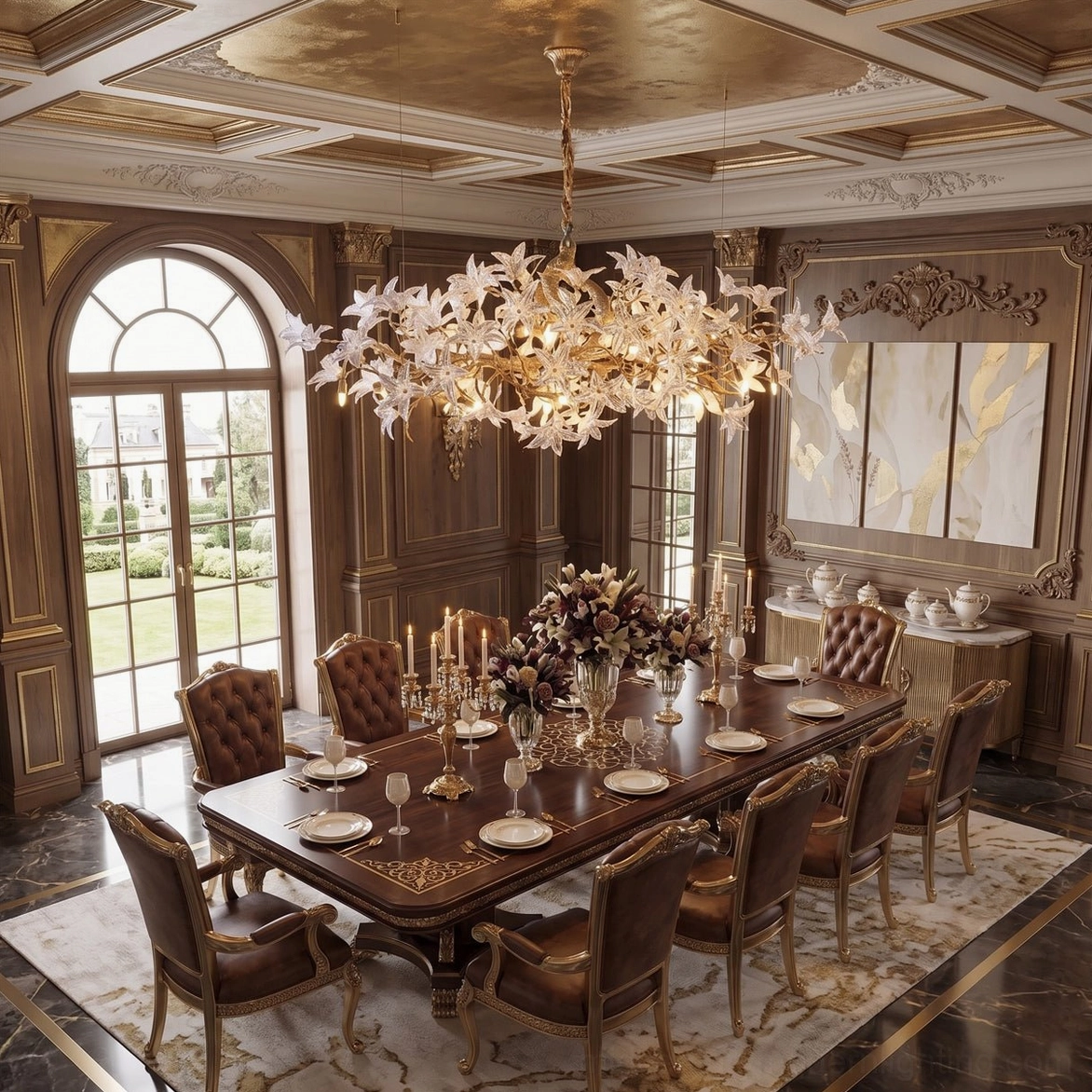 Arboris blossom branch pendant light over dark wood dining table with brown leather chairs in luxury setting