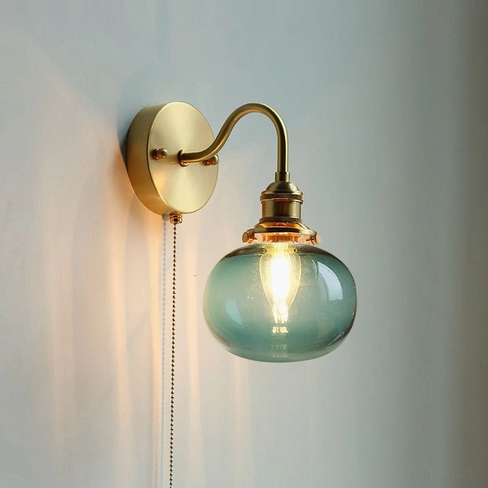 Blue glass brass vintage wall sconce - jewel-tone mid-century modern lighting fixture