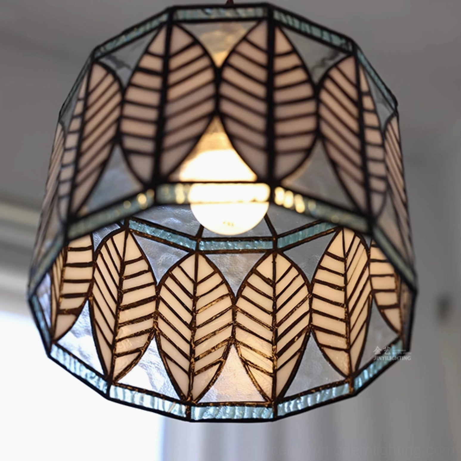 Blue stained glass leaf Tiffany pendant, mid-century modern cool-tone lighting fixture