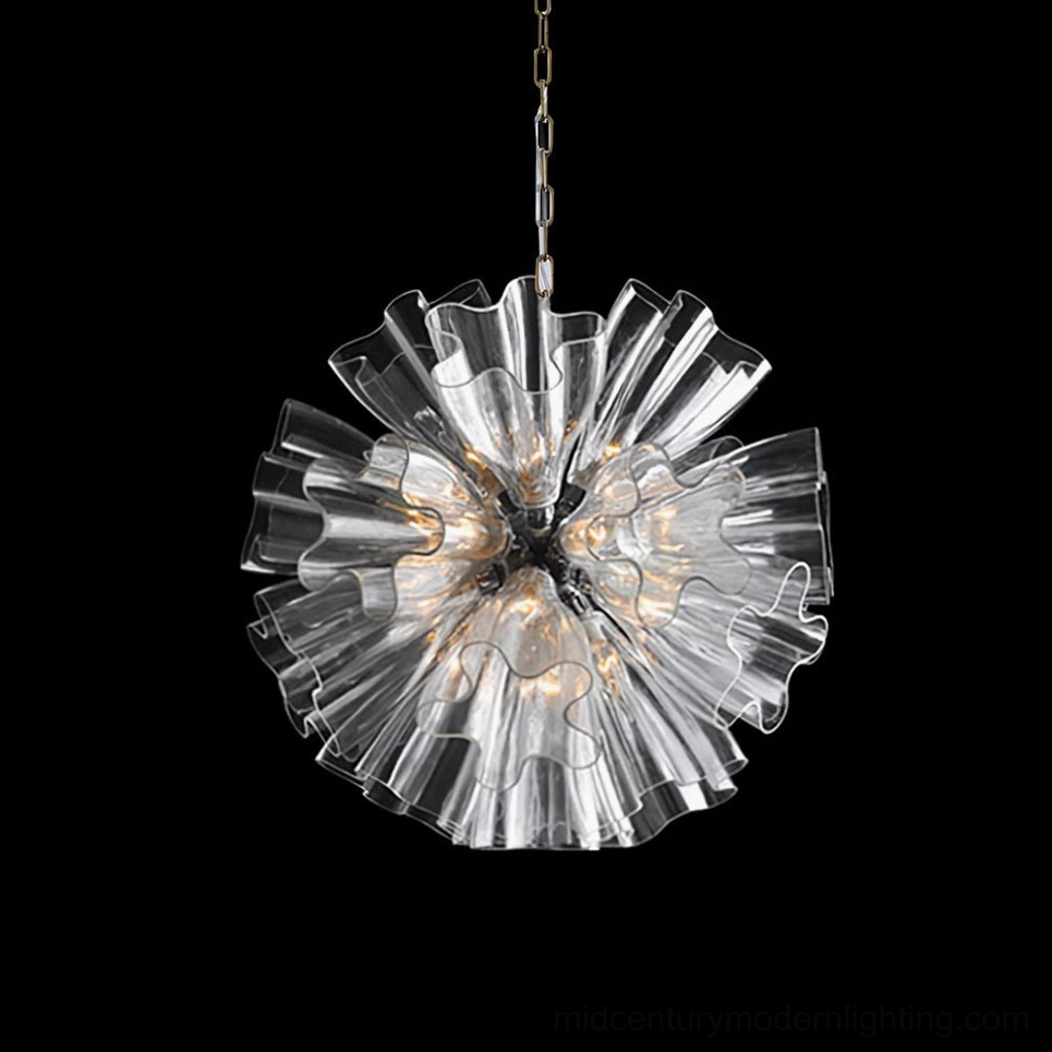 Blum Chandelier with 19 clear glass heads and silver hanging chain on black background