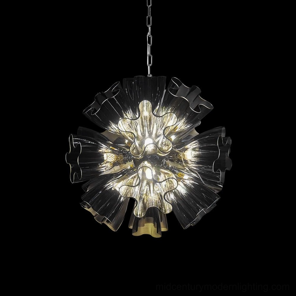 Blum 19-head Chandelier with clear glass shades and polished metal structure studio shot