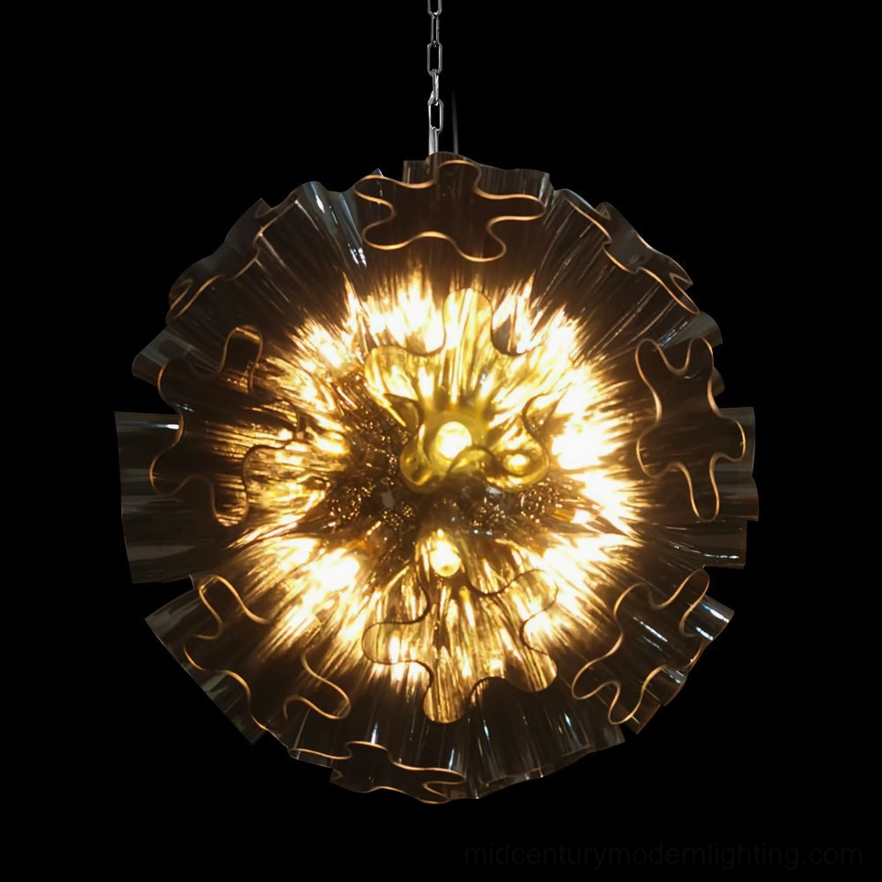Blum Chandelier in Smoke Gray with illuminated warm bulbs and dark ruffled glass panels