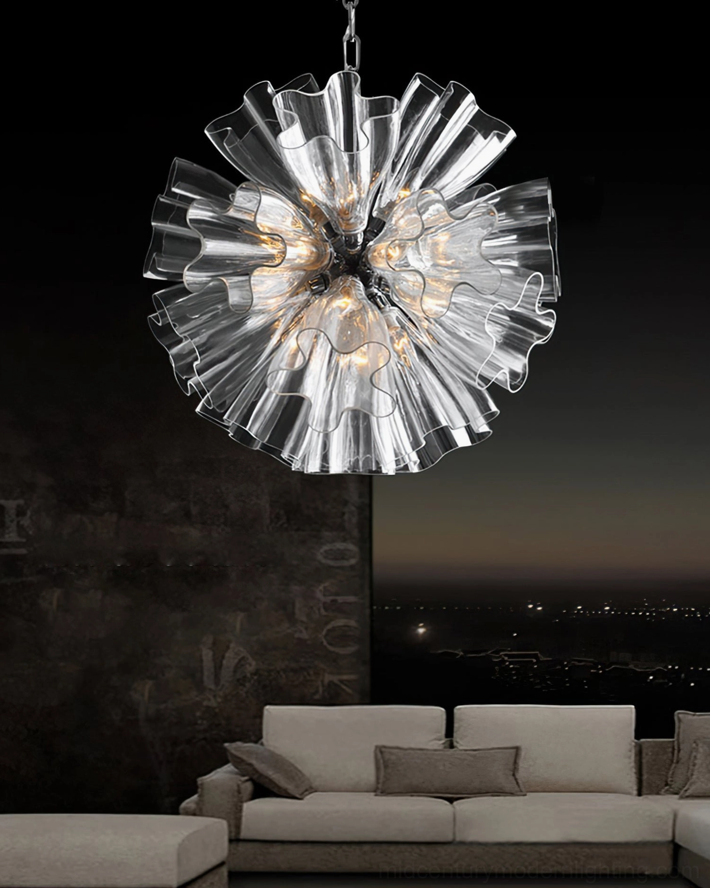 Blum ruffled glass chandelier viewed from below in modern living room with warm ambient lighting
