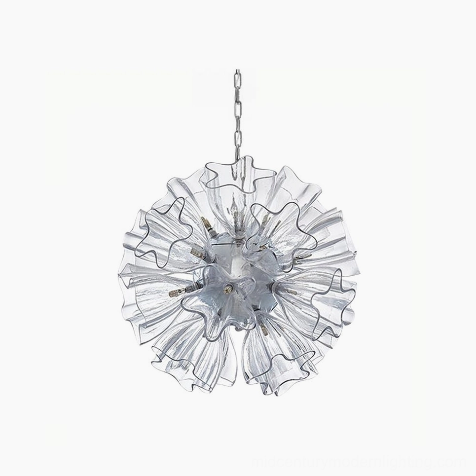 Blum Flower Glass Chandelier with ruffled clear glass shades and polished metal frame on white background