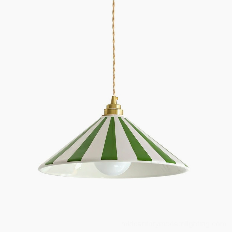 Green and white striped Bobine cone pendant light with twisted cord suspension