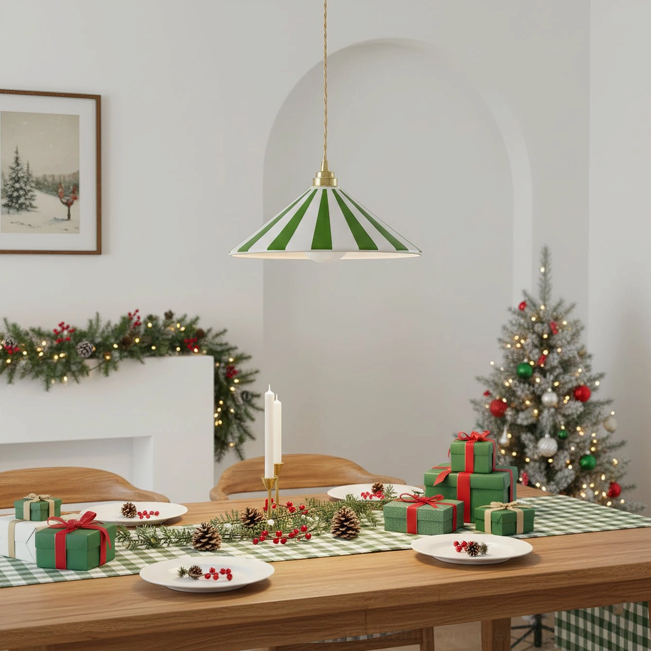 Green and white striped Bobine pendant light over wooden dining table in Christmas-themed dining room setting