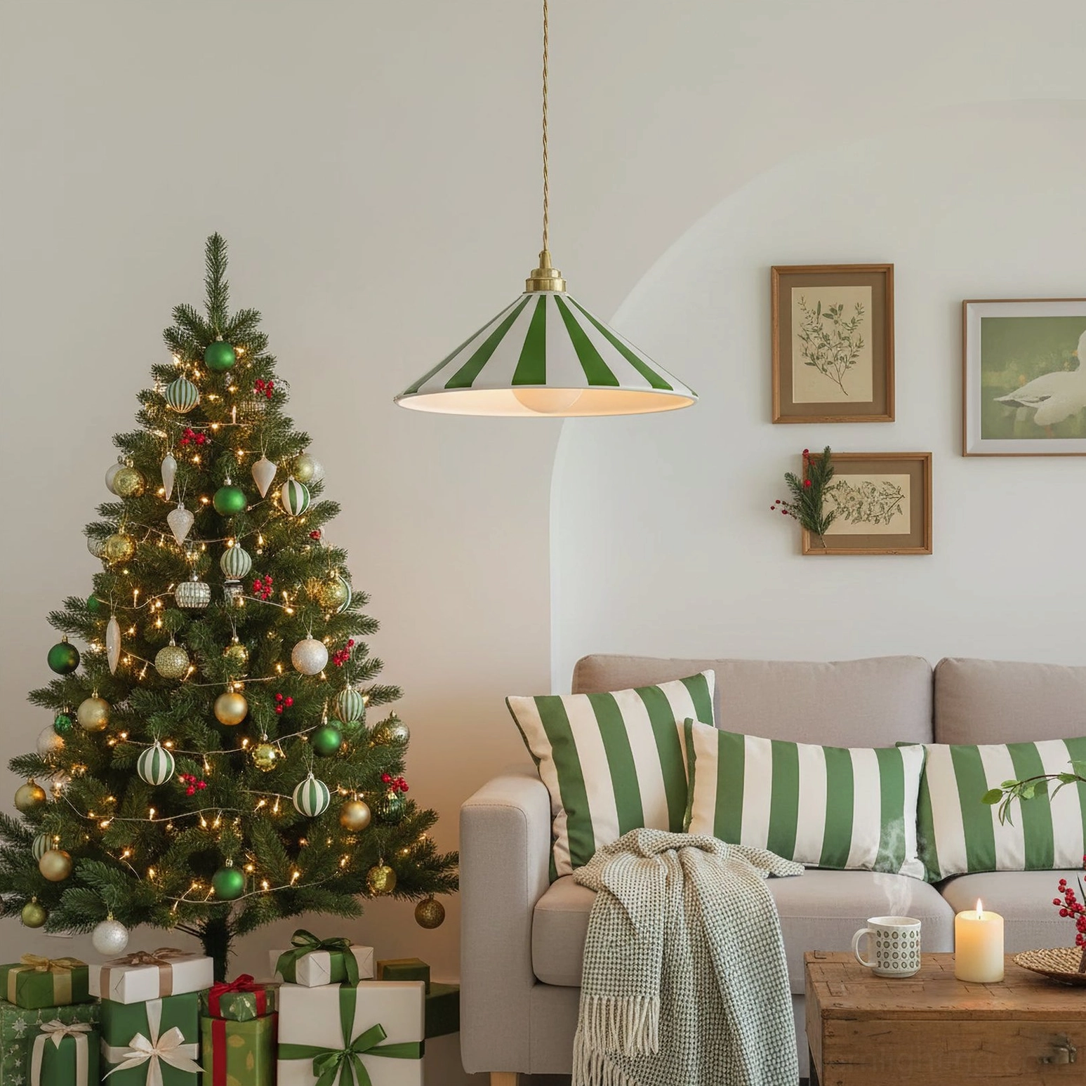 Green and white striped Bobine pendant light in Christmas-themed lounge with gallery wall and striped sofa cushions