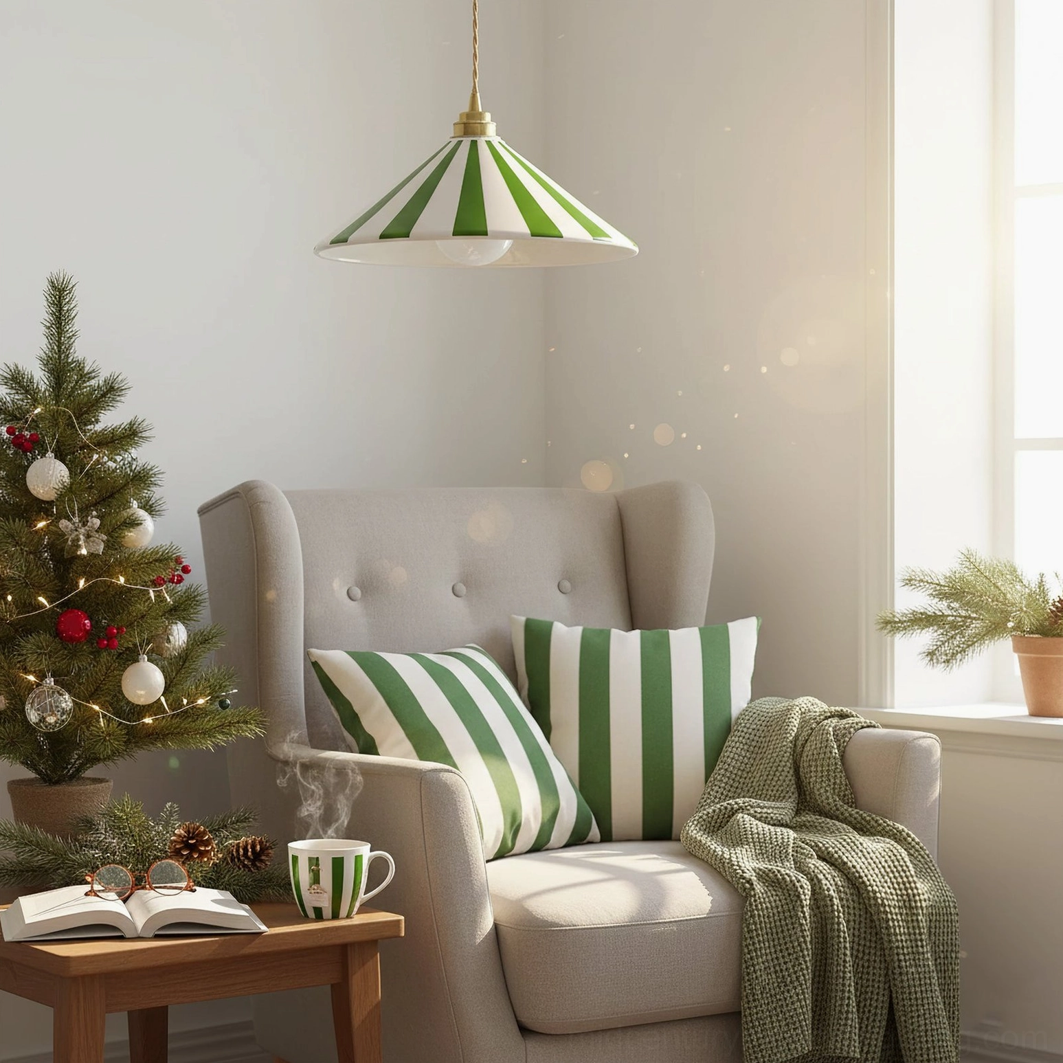 Green and white striped Bobine pendant light in cozy living room with matching striped throw pillows and festive decor