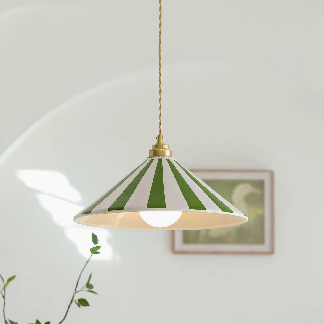 Green and white striped Bobine pendant light frontal view with exposed bulb and duck landscape artwork background